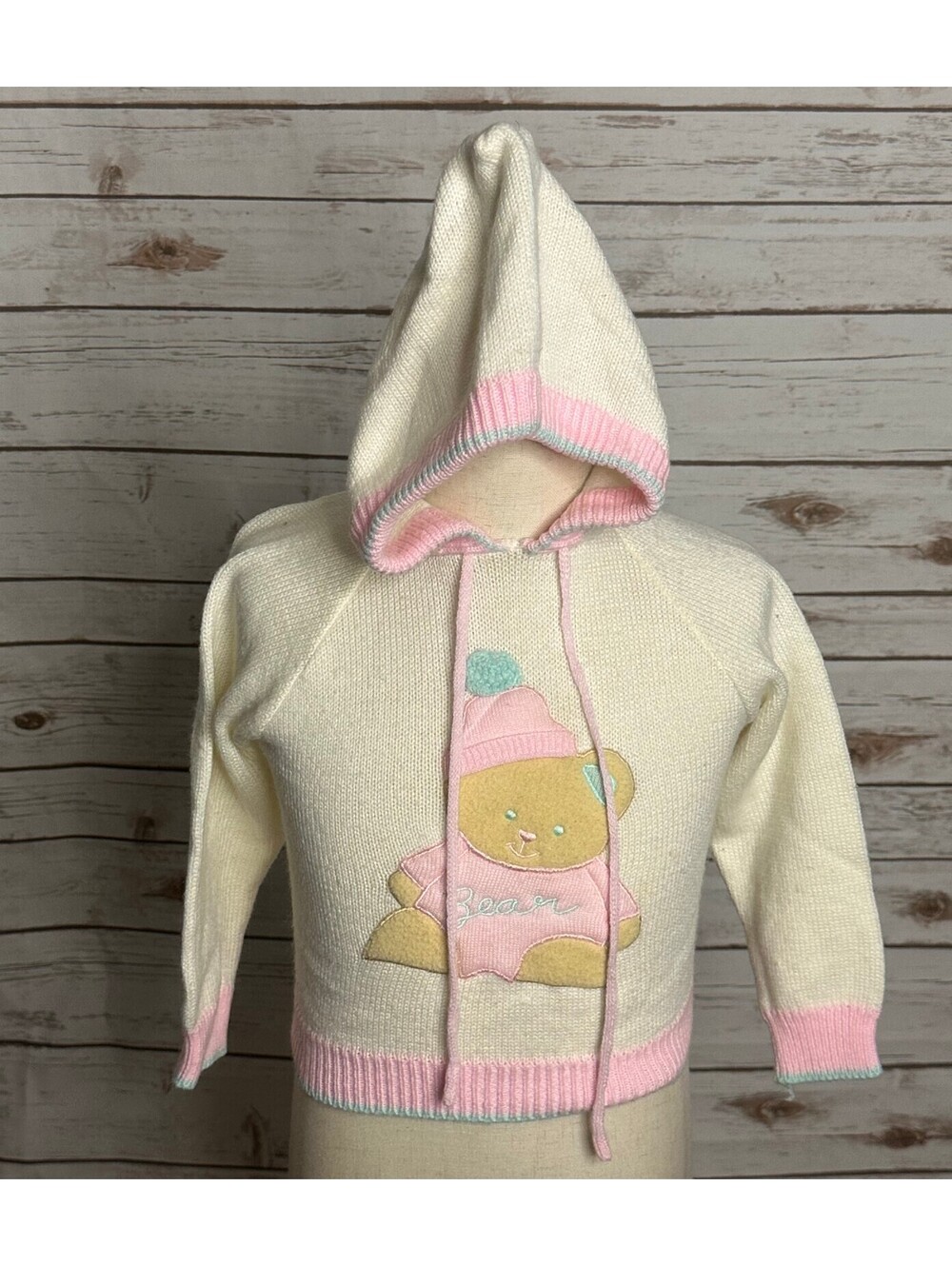 Vintage Quiltex cream teddy bear applique full zip hooded sweater Size 24M